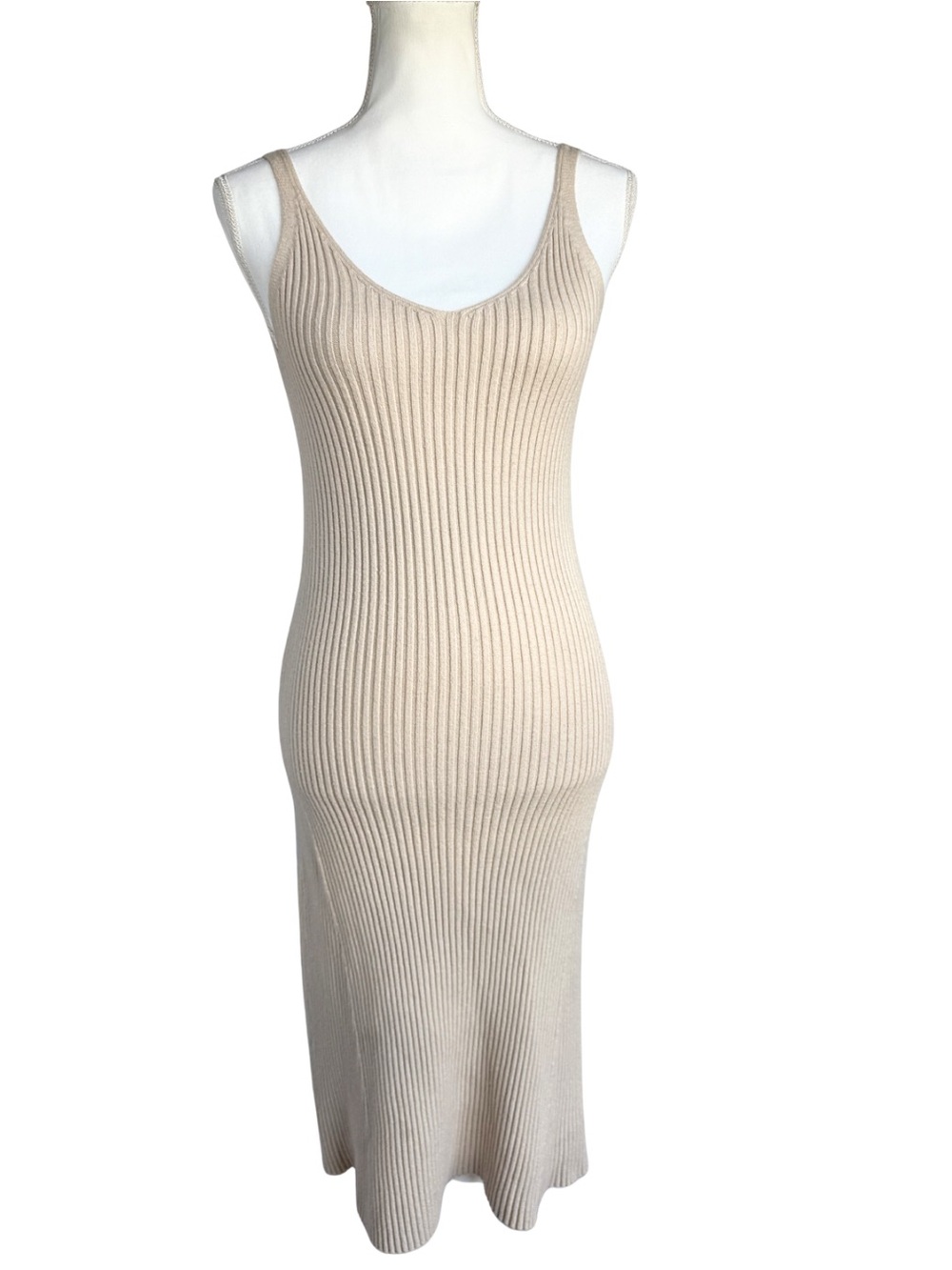 In Loom Ribbed Knit Tank Midi Dress Womens Large Beige Sleeveless Bodycon